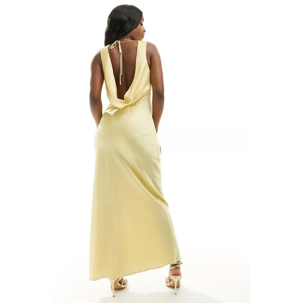 Abercrombie & Fitch Butter Yellow Satin V-Neck Cowl Back Maxi Dress XL